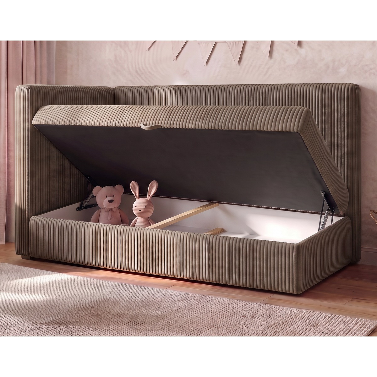 Łóżko dziecięce BAMBI 90x200 z pojemnikiem, tkanina Poso 002 Cappuccino, z otwartym pojemnikiem na pościel