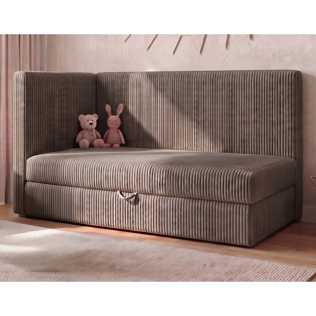Łóżko dziecięce BAMBI 90x200 z pojemnikiem, tkanina Poso 002 Cappuccino, w aranżacji pokoju dziecięcego