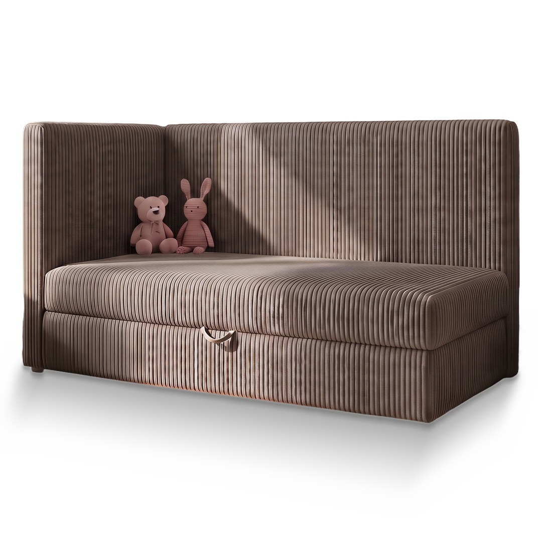 Łóżko dziecięce BAMBI 90x200 z pojemnikiem, tkanina Poso 002 Cappuccino, na białym tle