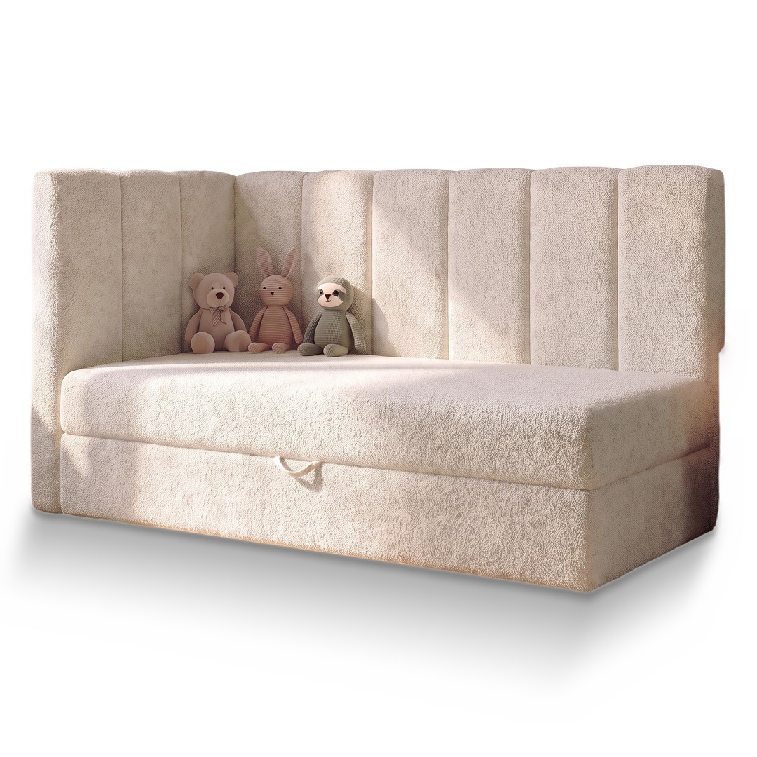 Łóżko dziecięce DREAM 90x200 z pojemnikiem, tkanina Monte 03 Krem, na białym tle