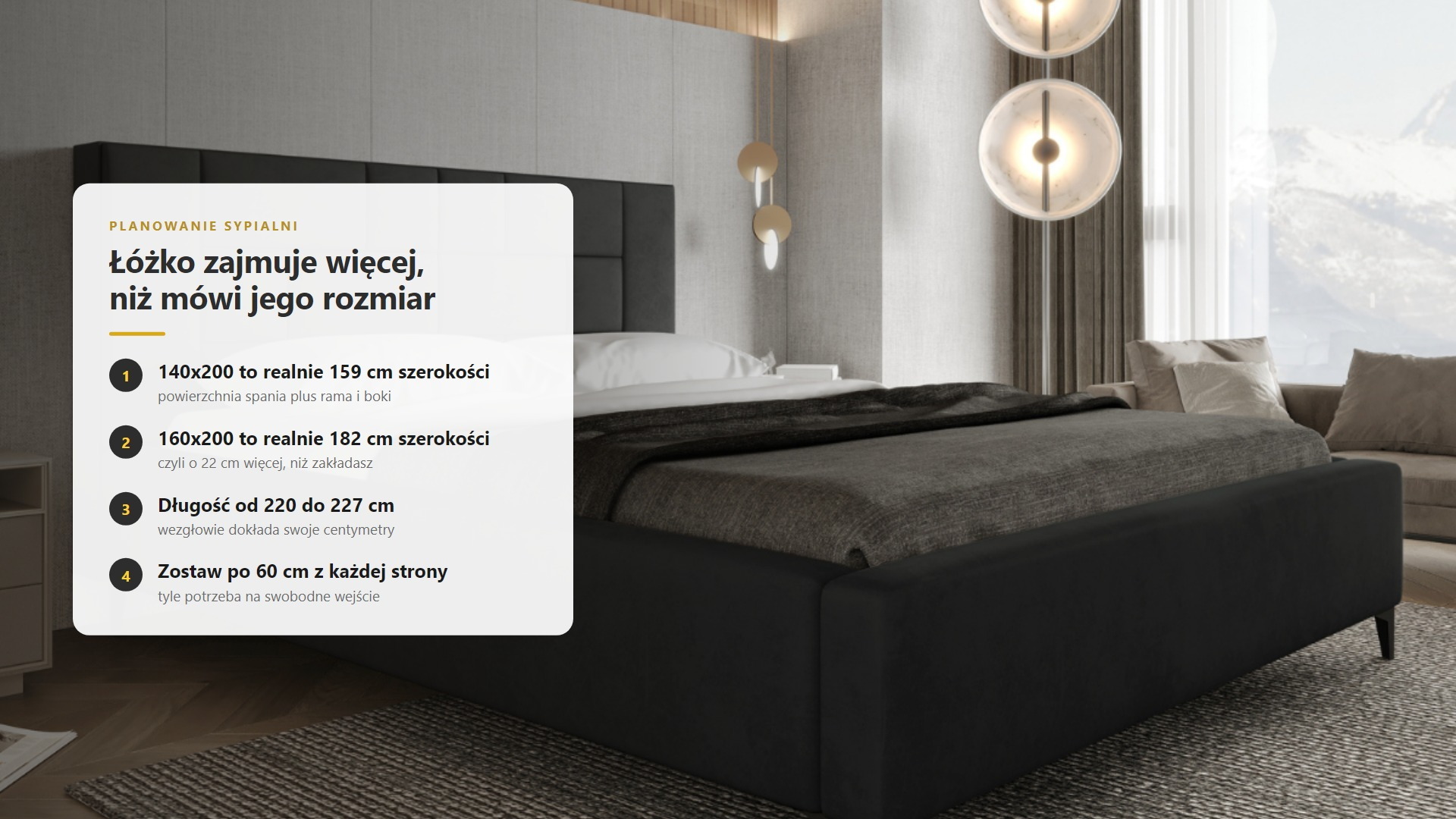 Obrys łóżka 160x200 wrysowany w sypialnię 10 m2 z zaznaczonymi odległościami przy bokach